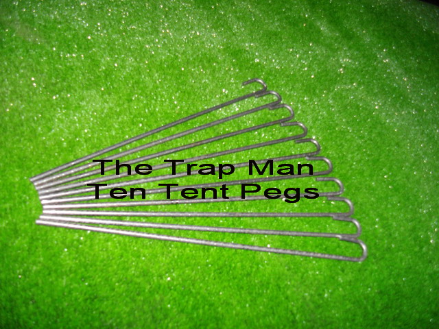 ten tent pegs for securing traps or trap tunnels